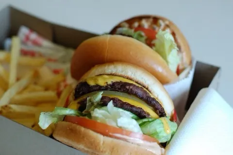 Two In-N-Out burgers and fries in a cardboard tray. The front burger has two patties and two slices of cheese.